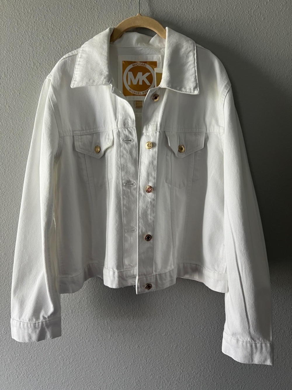 Michael Kors White Denim Trucker Jacket with Gold-Tone Buttons